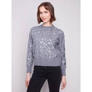 NEW CHARLIE B sequined crew neck sweater in dark heather grey